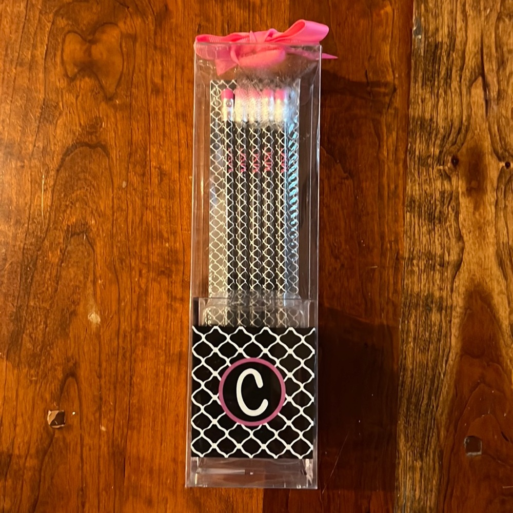 Black and white pencil holder with C initial